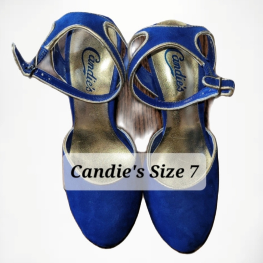 Candies Blue Faux Suede 5 Inch Platform Heels Size 7 M With Gold Trim - Picture 3 of 11